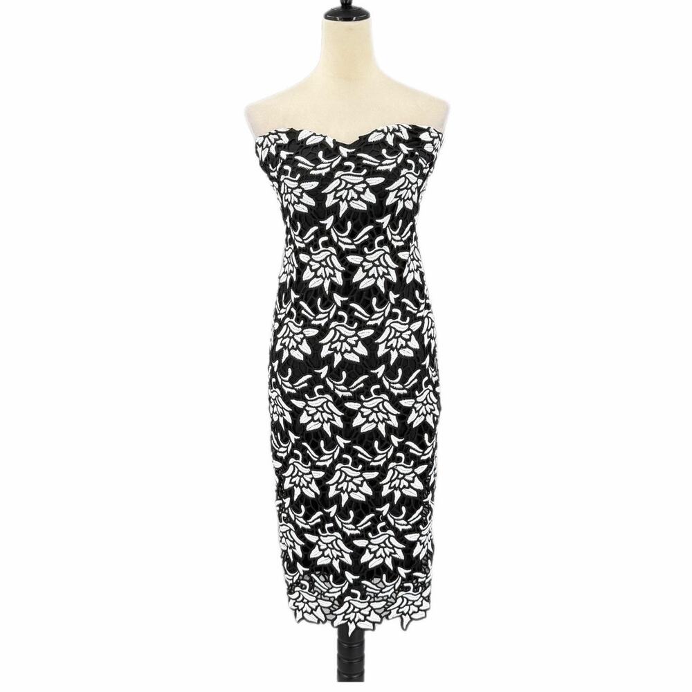 Gianni Bini Black White Floral Lace Romantic Cocktail Date Night Chic Midi Dress